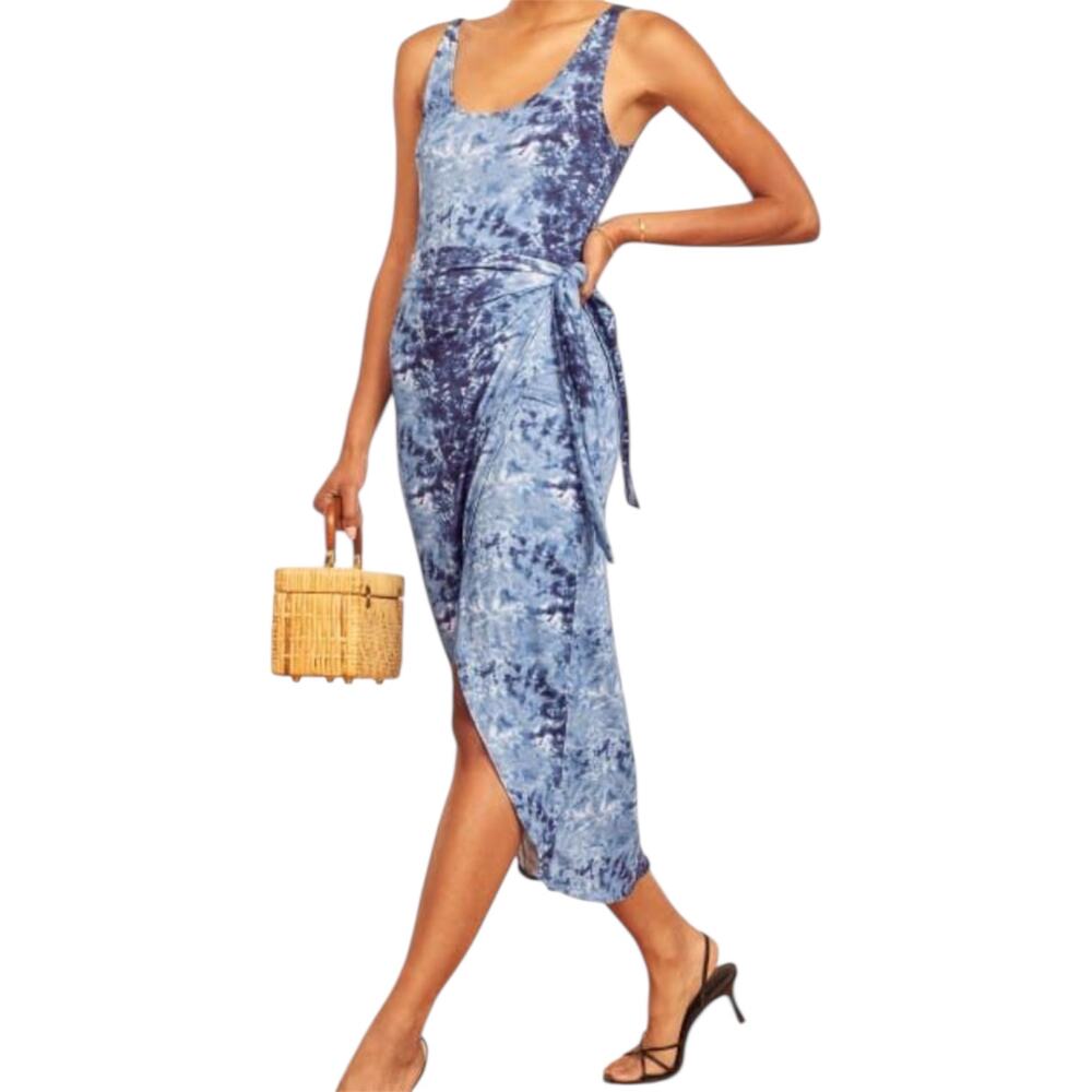 Reformation Jeans Kaila Midi Dress Wrap Sheath Knit Scoop Neck Tie Dye Blue XS